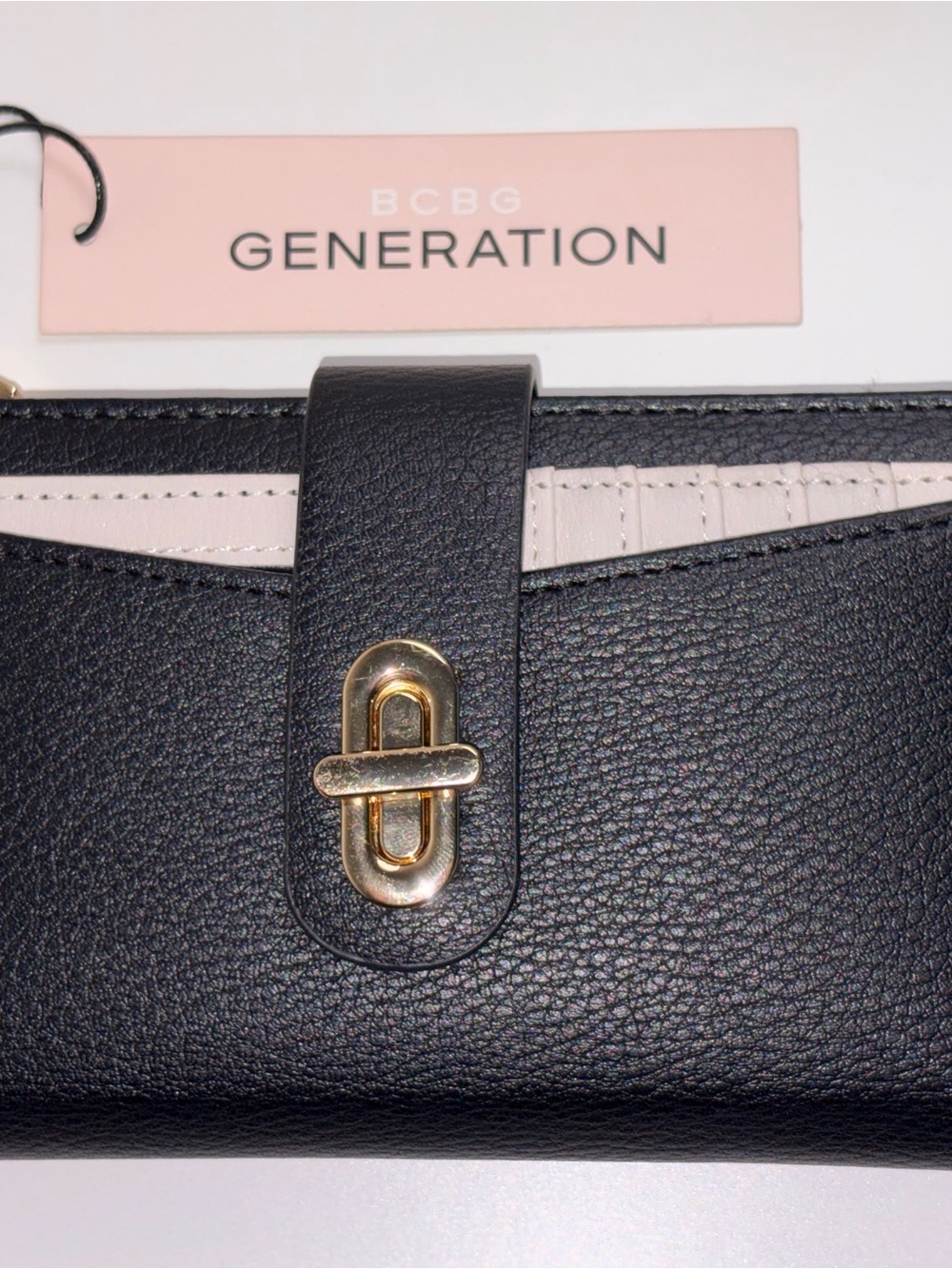 BCBGeneration Black and Cream Pebbled Wallet with Gold-Tone Clasp